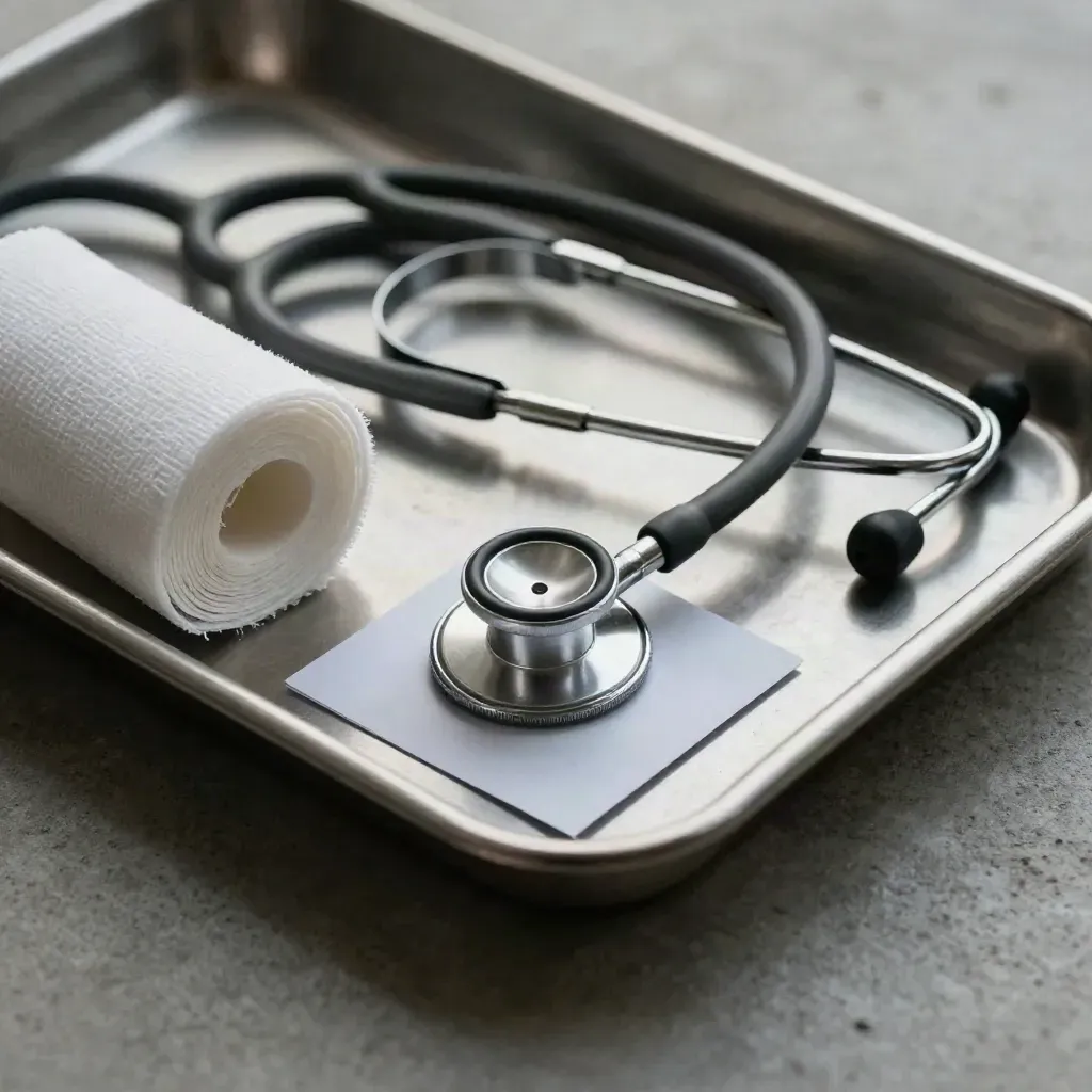 Macro healthcare still life with stethoscope, gauze roll and stainless tray on cool concrete.
