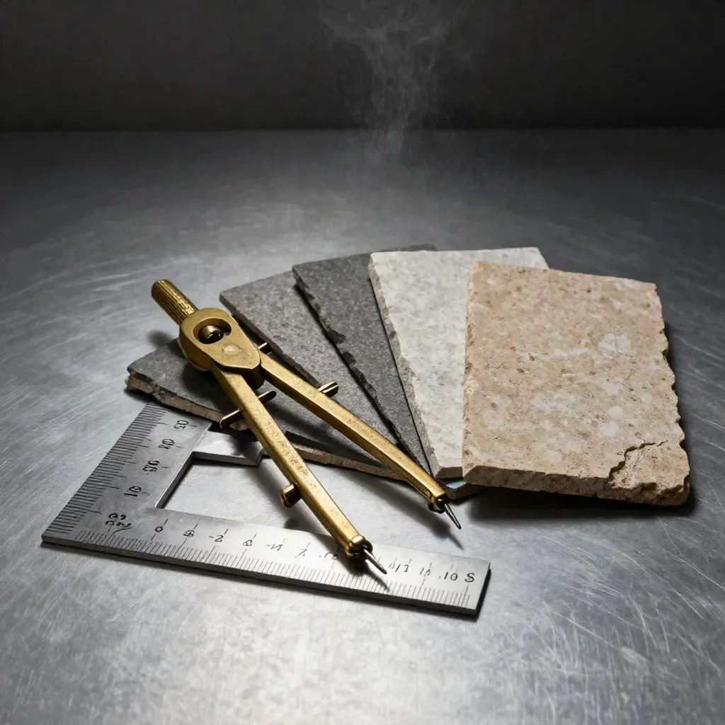 Brass compass, steel scale square, and stone chips on brushed metal in dramatic studio light.