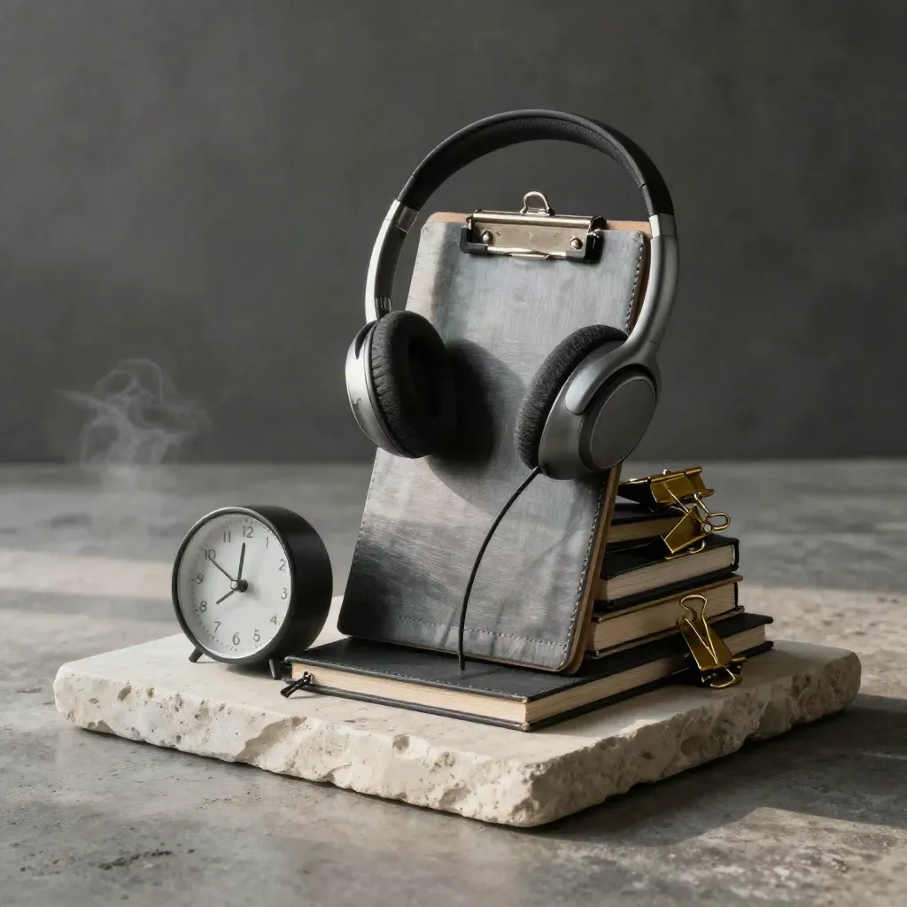Stacked remote team tools on a stone plinth in moody studio light
