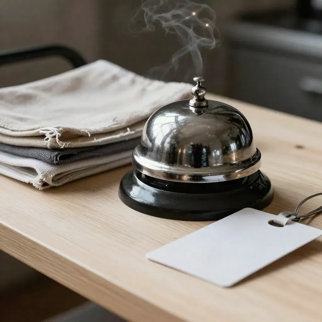 Service bell, folded linens, and a blank room tag sleeve on pale wood in warm editorial light.