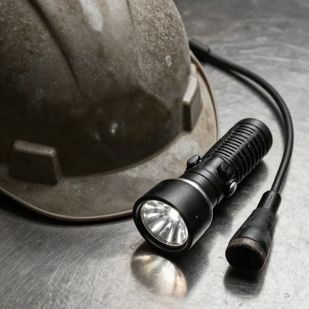 Macro still life of a hard hat, flashlight, and radio earpiece on brushed steel.