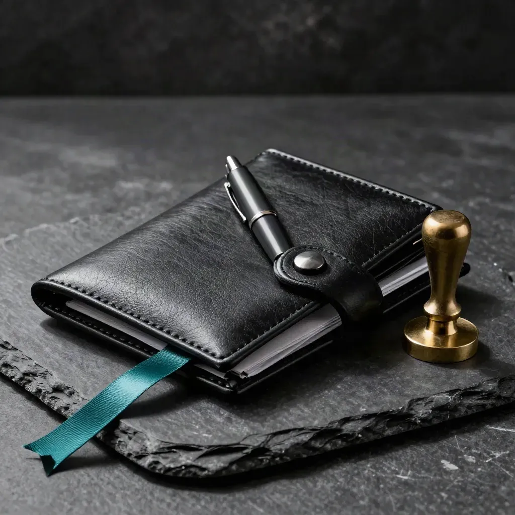 Legal review still life with a black document wallet, wax seal stamp, paperweight, and fountain pen on slate.