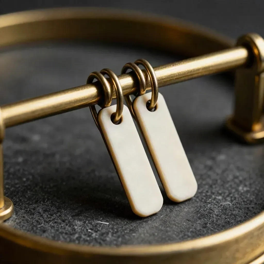 Brass assignment clips and blank tabs on a ring rail under raking side light