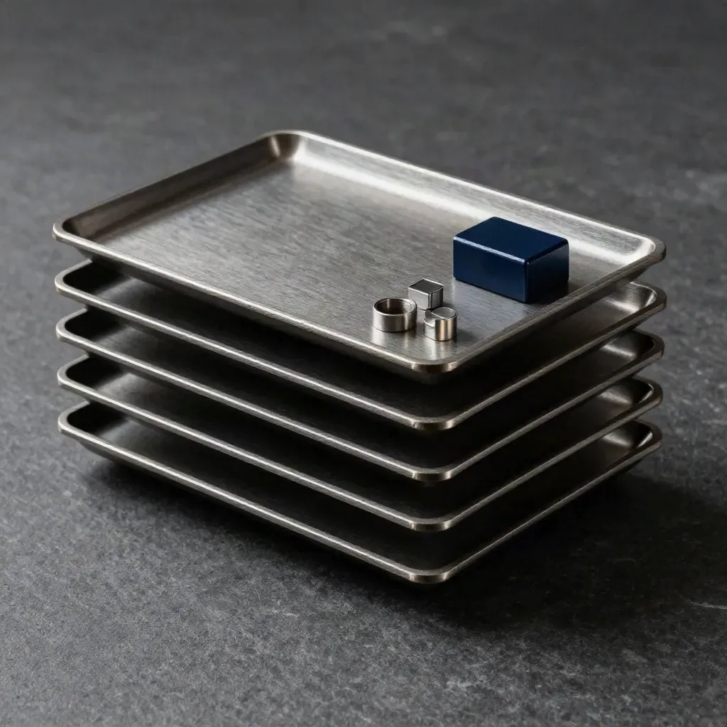 Graphite tiered task trays with steel dividers and a navy accent on stone.