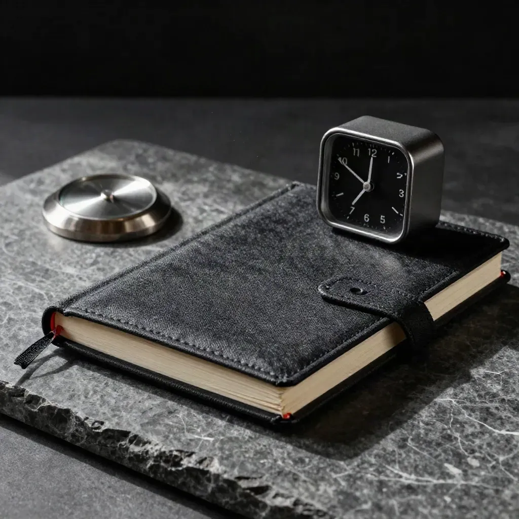 Closed agenda notebook with timer and page weight on stone in dramatic light