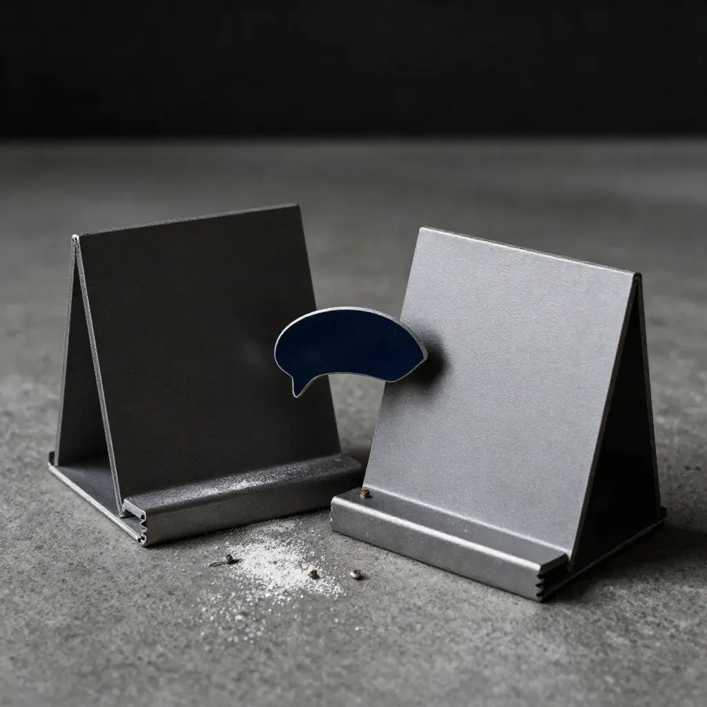 Two graphite note stands and a navy reply token on dark concrete, moody macro with skimming light.