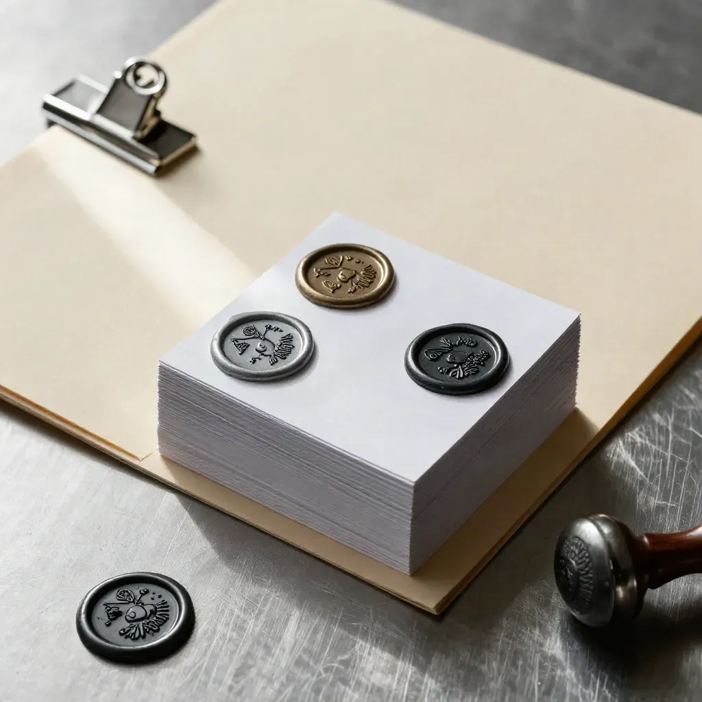 Macro of a folder, badge clip, paper seals, and stacked review cards on brushed metal.