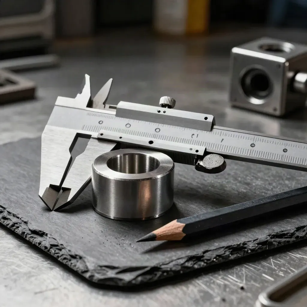 Caliper, machined part, pencil and paperweight on brushed metal with dark workshop haze