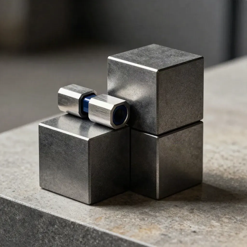 Connector blocks and a dovetail joint on limestone, lit dramatically with cool haze.