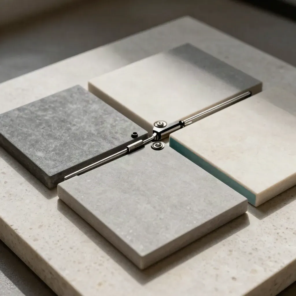 Top-down macro of modular blank tiles, hinge and linking bar on pale stone with teal accent.