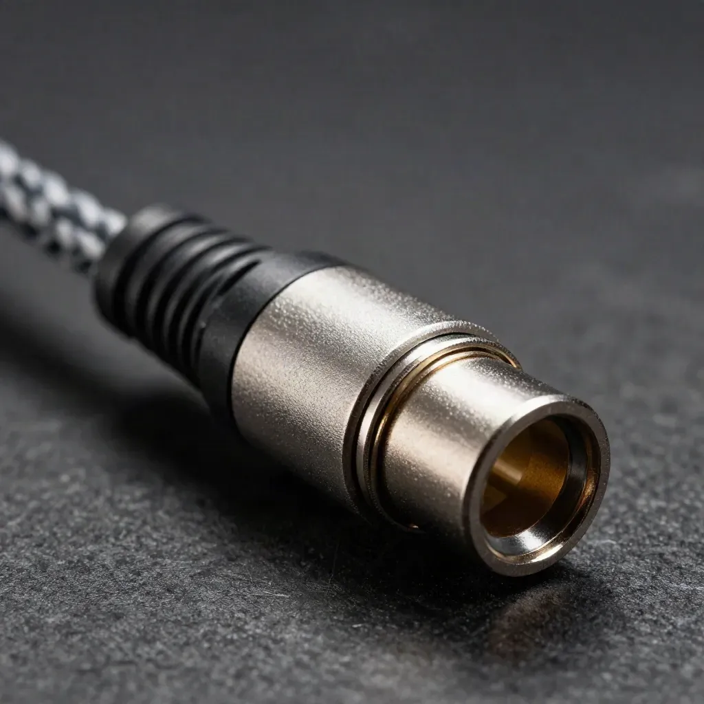 Brushed aluminum connector cluster with braided cable on dark stone, lit in dramatic macro detail.