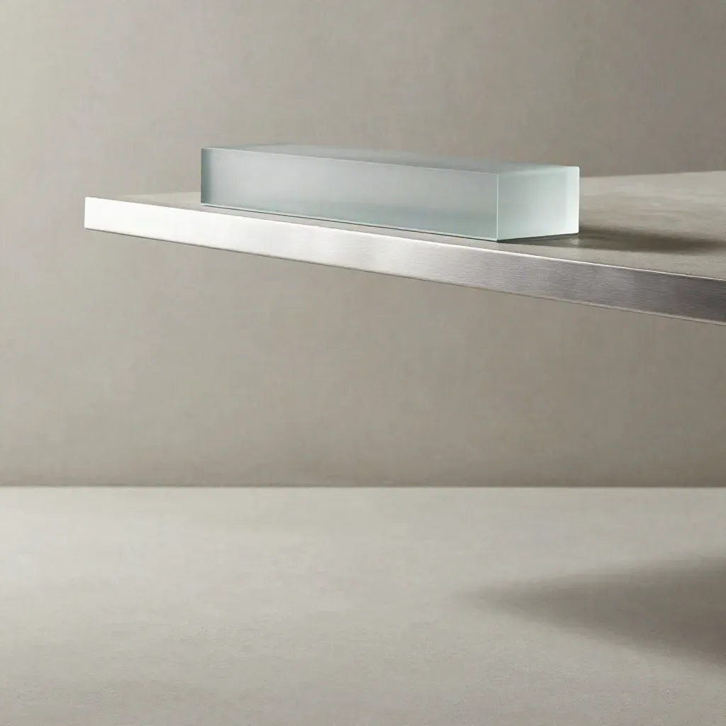 Pale concrete and frosted glass studio backdrop with soft light and calm copy space.